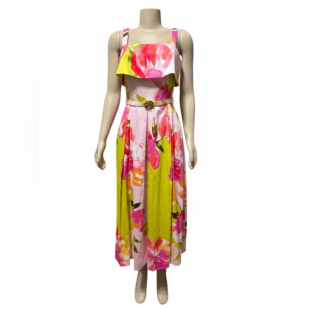 Karl Lagerfeld Paris Sz 4 Floral Midi Dress Flounce Bodice Belted Pleated Skirt